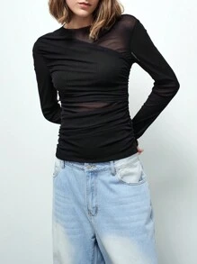 Maija 女士黑色不对称褶饰修身 T 恤 - 黑色 - 查看 5