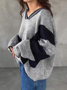FRIFUL 女士 V 领长袖撞色套头衫，适合秋冬季