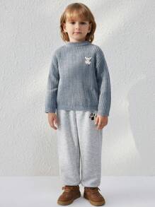 Blossori Young Boy Embroidered Stand Collar Casual Versatile Long Sleeve Pullover Sweater - Grey - View 3