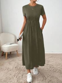 SHEIN Essnce Đầm mini tay ngắn họa tiết túi trơn màu đơn giản cho nữ - xanh quân đội - Xem 3