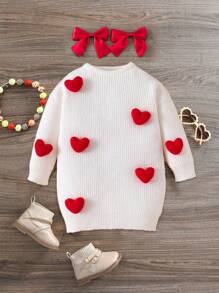 年轻女孩可爱 3D 心形图案拼色法式毛衣裙，非常适合秋冬季休闲日常穿着和学校日常穿着，温暖舒适的长袖，适合圣诞节，非常适合秋冬季休闲日常穿着和学校日常穿着和假期 - 白色 - 查看 2