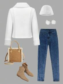 Tween Girl Thermal Lined Collar Waist-Cinched Jacket, Warm And Stylish For Autumn And Winter - White - View 2