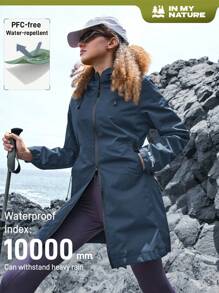 In My Nature 1 件女士纯色前拉链长袖字母印花口袋户外雨衣 - 藏蓝色 - 查看 1