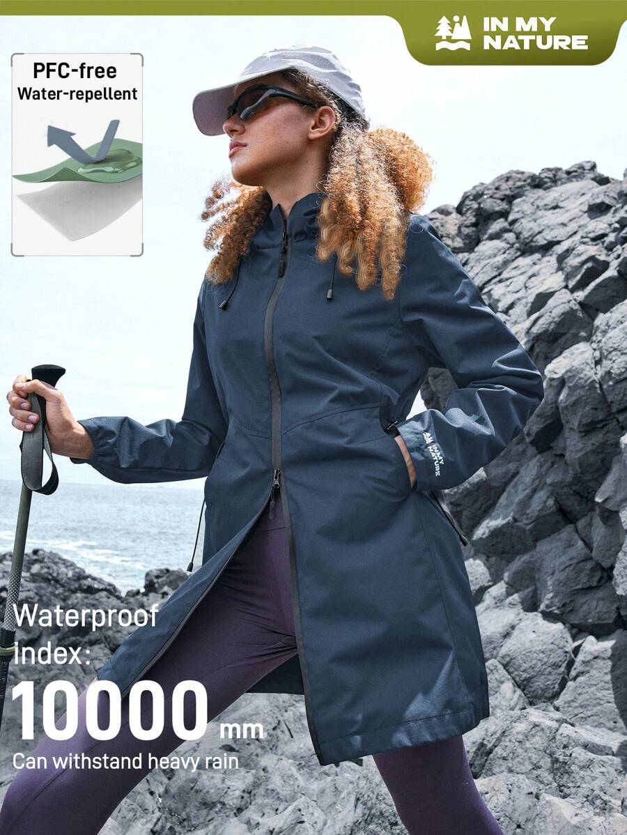 In My Nature 1 件女士纯色前拉链长袖字母印花口袋户外雨衣 - 藏蓝色 - 查看 1