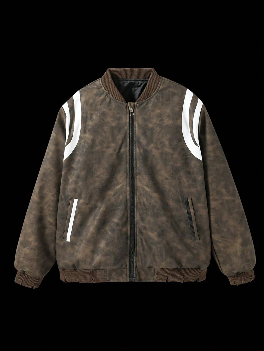 Teenage Boys/Young Men's Fashionable Embossed Ripped Ribbed Minimalist Premium Casual Jacket, Versatile For Autumn & Winter Daily Wear