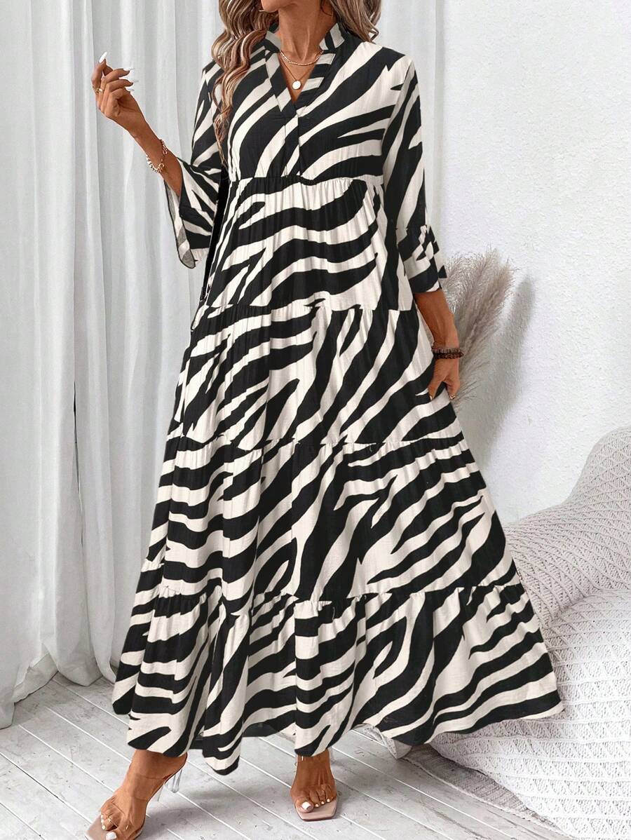 SHEIN LUNE Đầm thường ngày xếp ly cổ chữ V họa tiết ngựa vằn in hình động vật cho nữ - Nhiều màu - Xem 1