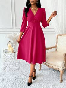 Lunelith SHEIN Lunessa V 领收腰 3/4 泡泡袖 A 字形女式连衣裙 女式长款服装 - 玫紅色 - 查看 4