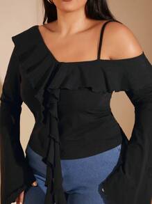 SHEIN BAE Plus Size Women's Black Asymmetrical Neck Ruffled Neckline Flared Long-Sleeved Spaghetti Strap Top Suitable For Commuting And Sweet Dating Outfit Plus Size Fall Clothesoing Out Spaghetti Strap Tops Women Long Sleeve Plus Size Shirts Women Long Sleeve Spaghetti Strap Top Christmas Women Clothes Thanksgiving Shirt Women Plus Clothing Christmas Women Plus Clothing Fall Plus Size Teacher Ladies Christmas Spaghetti Strap Top Business Casual Woman
