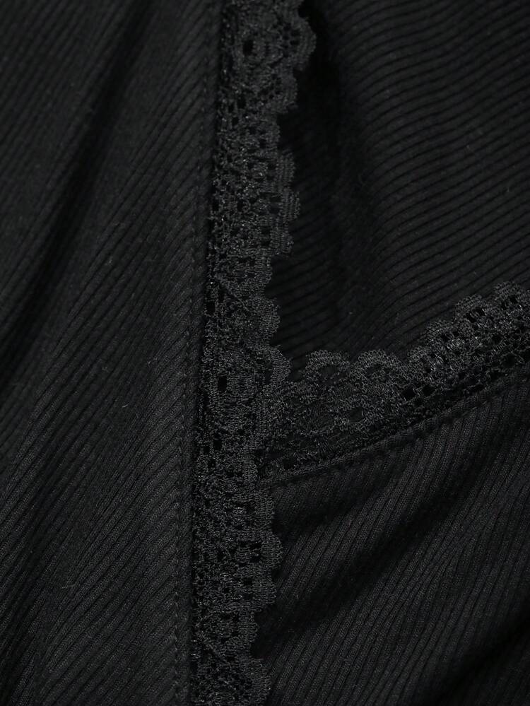 Women Lace Trim V-Neck Long Sleeve Top & Pants Fitted Pajama Set, Fall Winter Clothes