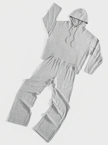 Forever 21 Men's Ribbed Knit Drop Shoulder Drawstring Hoodie & Pants Two-Piece Set