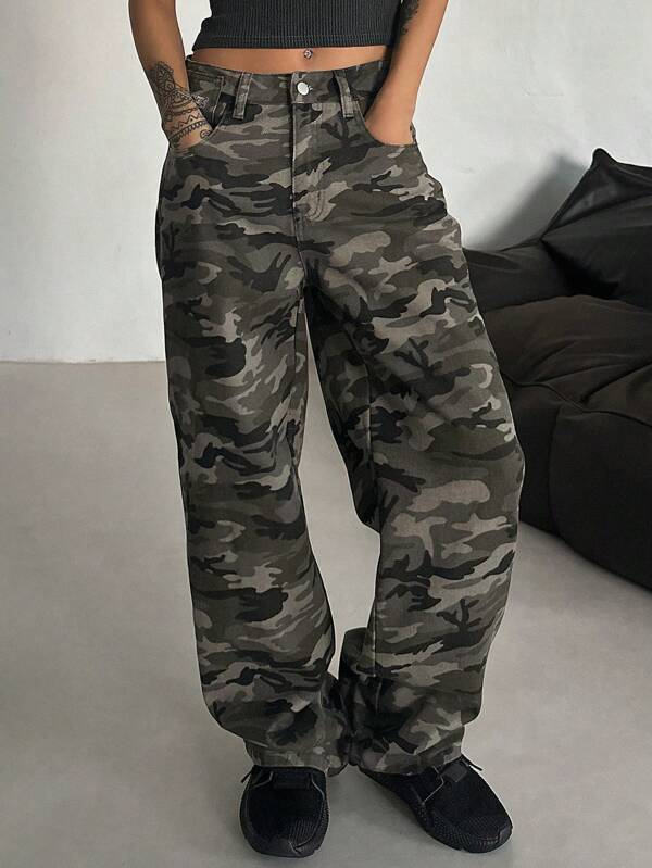 DAZY Pantalones vaqueros holgados y amplios con bolsillos y estampado de camuflaje, pantalones de mezclilla para mujer
