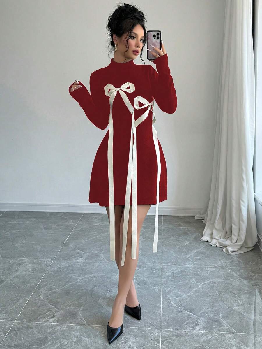 Selianne 女士蝴蝶结腰部毛衣连衣裙,适合新年衣服 - 紅色 - 查看 1