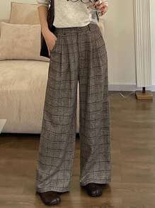 DAZY 格子阔腿宽松裤，带口袋，女士休闲商务裤 - 棕色 - 查看 6