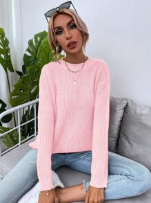 SHEIN LUNE Áo len dài tay cổ tròn màu hồng trơn, kiểu dáng thường ngày, thích hợp cho mùa thu đông. - Hồng - Xem 3