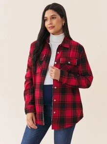SHEIN Maternity Front Button Long Sleeve Pocket Plaid Casual Jacket - Red - View 5