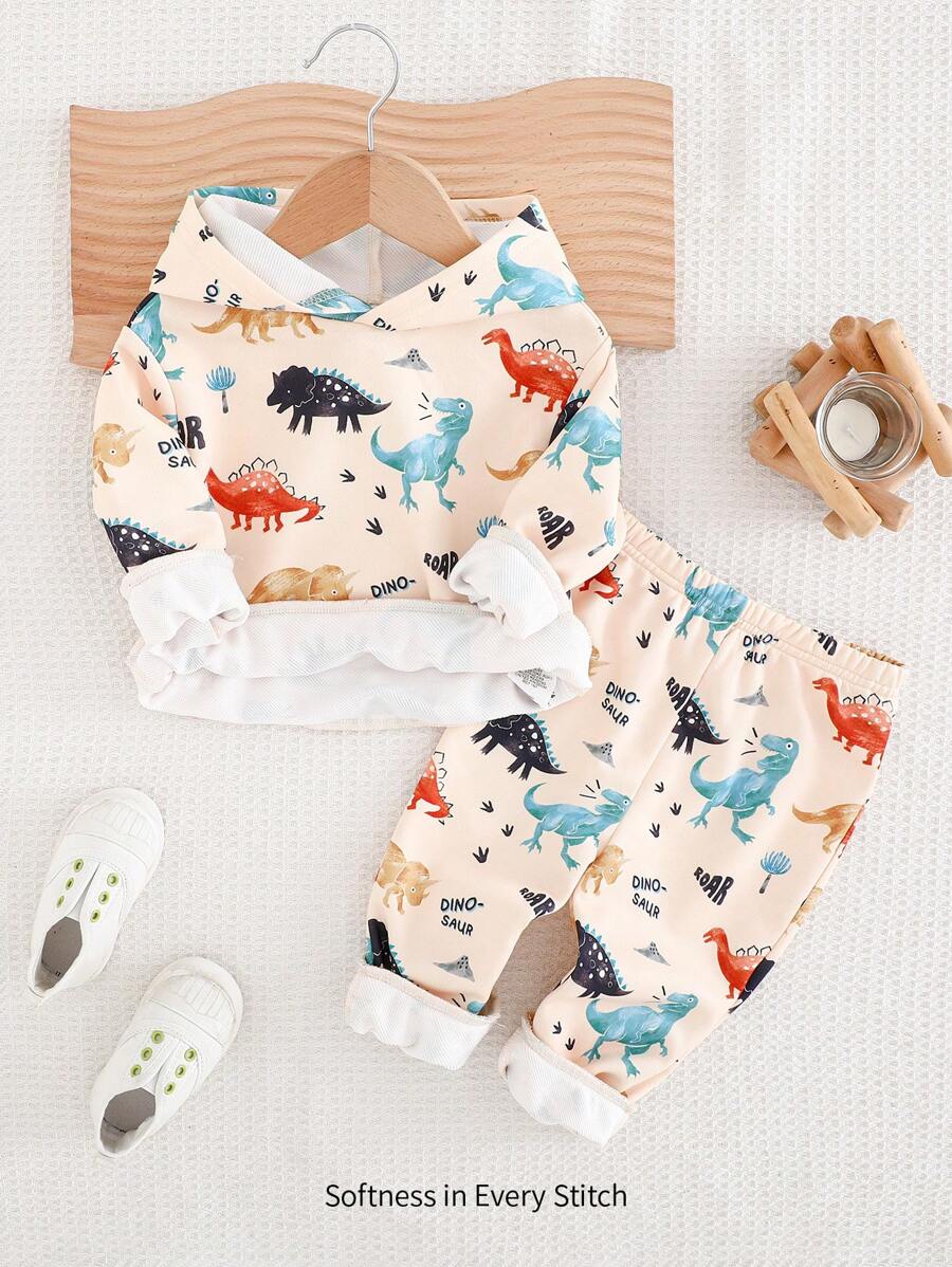 Cozy Pixies 2pcs/Set Baby Boy Cartoon Dinosaur Hooded Sweatshirt And Elastic Waist Pants Set - Multicolor - View 1