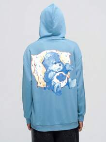ROMWE MEN ROMWE X Care Bears Men Casual Letter & Cartoon Star Print Drop Shoulder Loose Drawstring Hoodie, Spring Autumn - Blue - View 1