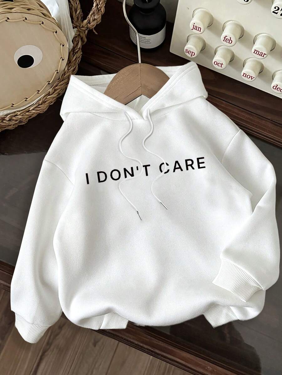 Attitoon Luźna prosta bluza z nadrukiem graficznym "I Don't Care" w kolorze białym, z kapturem i długim rękawem, luźna, gruba, polarowa bluza dla kobiet