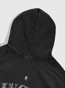 ROMWE MEN Street Life 男士休闲日常字母印花连帽运动衫，秋季 - 黑色 - 查看 3