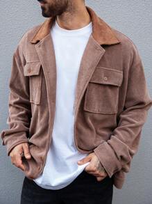 Manfinity Homme Chaqueta holgada de talla grande con botones y bolsillo con solapa para hombre, adecuada para otoño