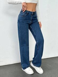 EURMUSE 100% Baumwolle TIEJTAILLIGE WEITE BEIN HOSE FRAUEN JEANS - Dunkle Waschung - Übersicht 4