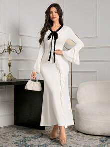 Modelyn Women's Casual Contrast Color Patchwork Front Tie Long Sleeve Ruffle Trim Dress Long Evening Dresses - White - View 3