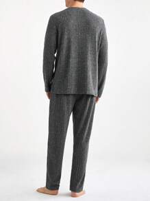 男士前扣长袖休闲上衣和长裤蓬松家居服套装，秋冬服装，舒适保暖 - 深灰色 - 查看 2