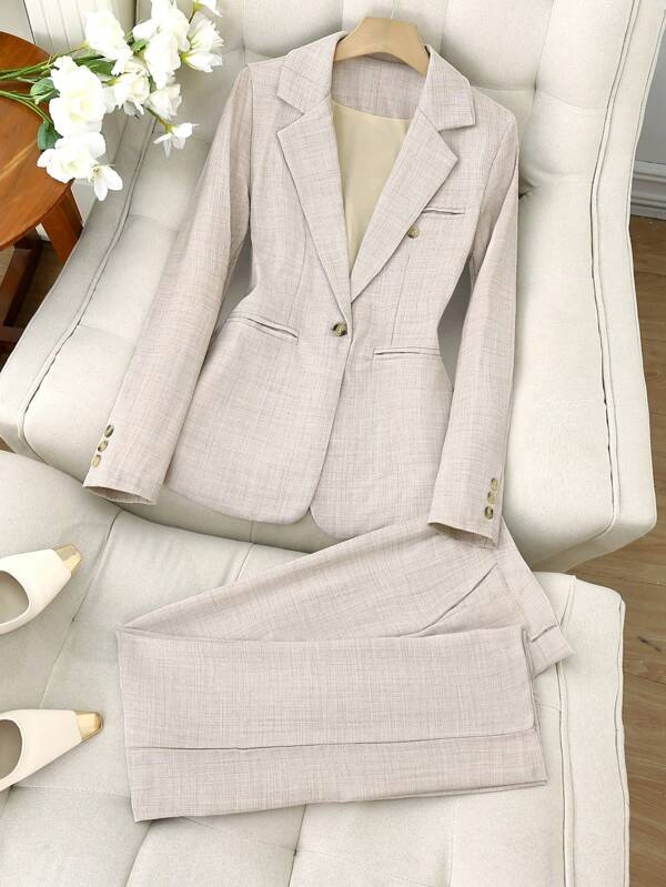 Franclia 2pcs Business Casual Single Button Stand Collar Suit Jacket And Pants Set, Suitable For All Seasons