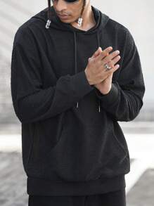 Manfinity Roghcode Young Men's Street-Style Black Distressed Frayed Texture INS Rock Hooded Hoodie ,Rapper Hoodie - Black - View 3