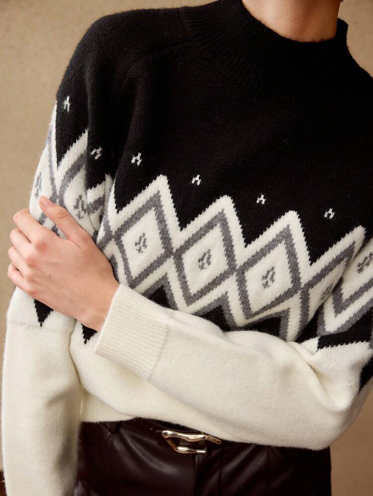 ARGYLE PATTERN MOCK NECK RAGLAN SLEEVE SWEATER