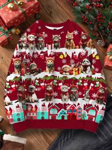 SHEIN LUNE 女式圣诞快乐可爱猫咪图案休闲简约印花圆领长袖宽松运动衫，圣诞礼物服装秋冬女士服装 - 彩色 - 查看 3