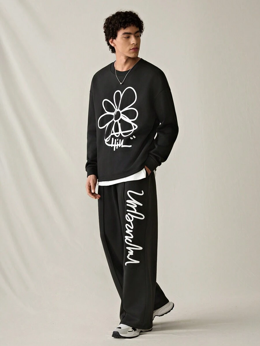 Manfinity VCAY 2 件套男士针织套装，休闲宽松印花长袖 T 恤，松紧腰直腿裤，适合年轻一代 - 黑色 - 查看 1