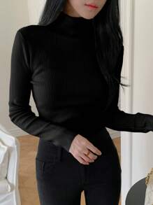 DAZY 秋季新款纯色高领修身毛衣、长袖上衣、秋季女装 - 黑色 - 查看 3