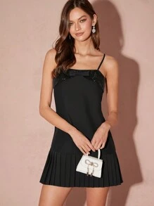 Enchnt 女士蝴蝶结装饰撞色亮片缀饰吊带背心迷你连衣裙