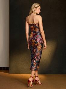 MOTF PREMIUM SEQUIN FLORAL PATTERN TUBE MIDI DRESS - Multicolor - View 3