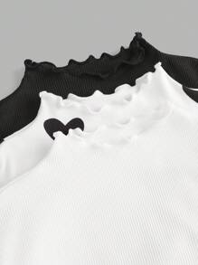 SHEIN Girlism 3 件装 Tween 女童休闲必备品立领荷叶边长袖心形印花修身 T 恤，适合秋冬季