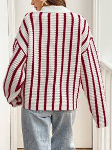 SHEIN Frenchy Women Button Down Collar Long Sleeve Striped Cardigan, Casual Everyday Wear,Red Christmas ,Christmas Clothes,Christmas Top,Festival Clothes