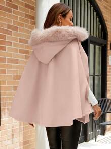 Chiquease 优雅通勤高贵品质毛领连帽口袋保暖防风保暖面料连帽斗篷式大衣