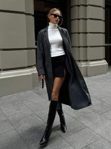 Aloruh 女式翻领长袖仿旧 PU 皮革长款风衣，深灰色，秋冬 - 深灰色 - 查看 6