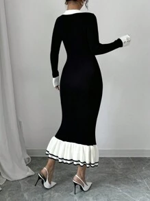 Gloray Vestido de punto casual sencillo con cuello en V de manga larga y empalme de unicolor para mujer