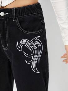 SHEIN TEEN GIRL Y2K Urban Street Chic Flame Graphic Embroidery Detail Half Elastic Waist Classic 5 Pockets Low Waist Loose Jeans With Contrast Seam, Chic Girls Must_have Versatile Fashion Item