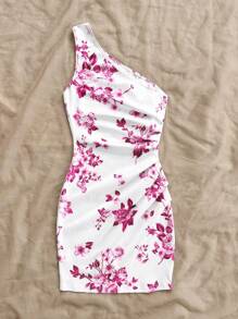 Soleia Women's Vacation Blue & White Print Asymmetric Neck Midi Dress - Hot Pink - View 2