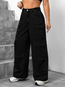 SHEIN ICON 大码宽松直筒保暖内衬工装男友牛仔裤感恩节圣诞节女士秋冬季牛仔裤