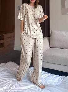 DAZY 2pcs Women Bow Allover Print Short Sleeve T-Shirt And Pants Casual Pajama Set