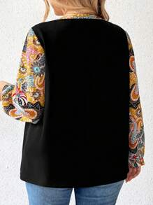 Plus Size Solid Color Block Round Neck Long Sleeve Simple Casual Shirt, Random Print - Black - View 2