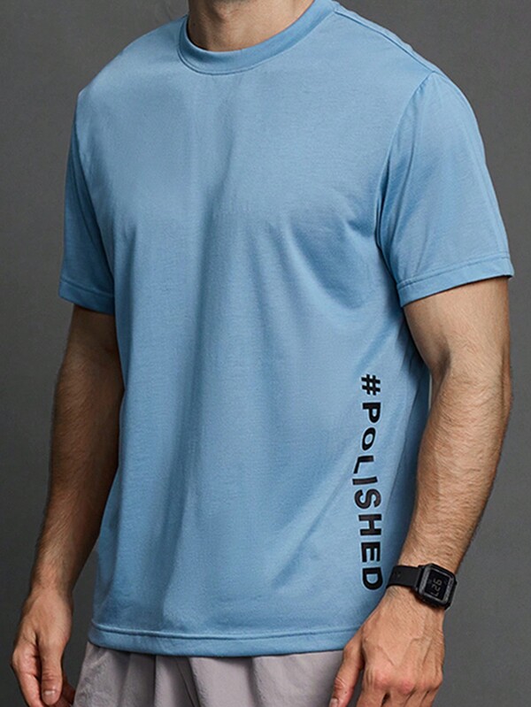 Manfinity Sport Polished Camiseta casual de manga corta, cuello redondo, con estampado de letras, tipo novio, para ejercicio y fitness