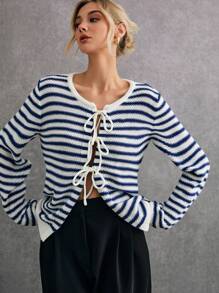 Poéselle 海军蓝条纹前中心蝴蝶结开衫，条纹领带开衫，前系带针织开衫，宽松开衫，秋季毛衣，外出上衣，风衣，羊绒衫，适合日常外出优雅羊毛针织上衣