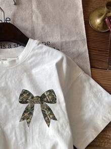 Attitoon Casual Camo Tree Branch & Bowknot Print Loose Fitting Short Sleeve Round Neck T-Shirt For Women, Suitable For Summer
