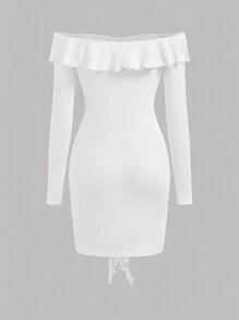 Girlism Teen Girls White Elegant Off Shoulder Ruffle Long Sleeve Tie Cuff Dress - White - View 2