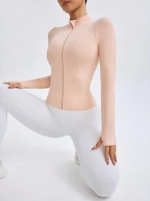 Damen Sportjacke mit durchgehendem Reißverschluss, einfarbig, Langarm, mit Kragen